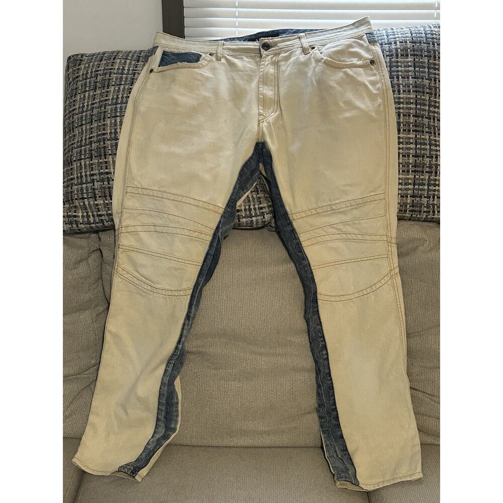 AKOO TAN AND DENIM GRUNGE STYLE JEANS SIZE 38